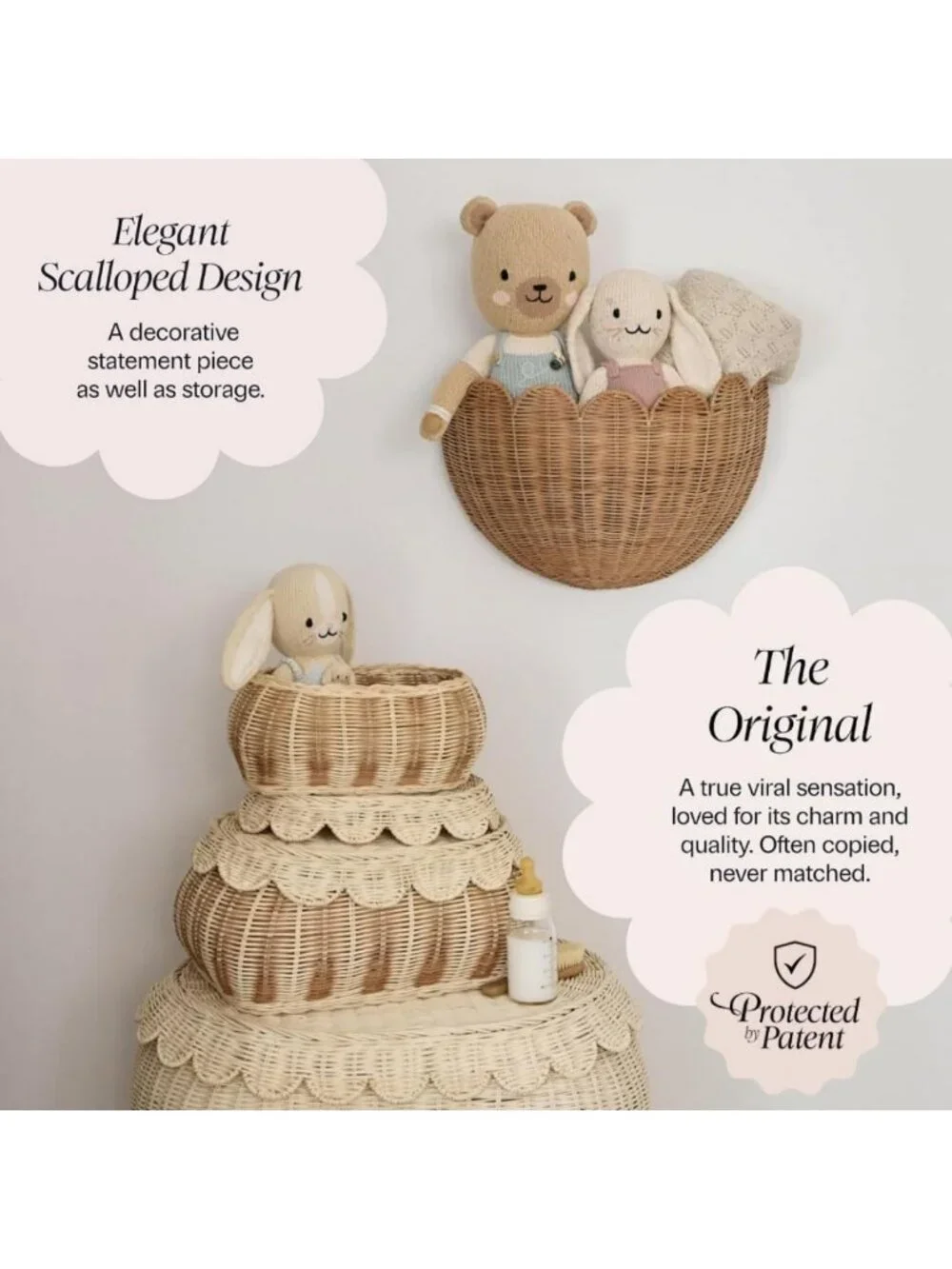 Scalloped Wicker Wall Basket - Decorative Storage Organizer - 16x10x7 Inches